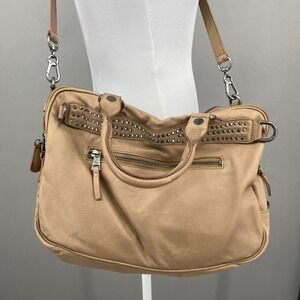 ASH Tan Leather Studded Satchel Crossbody Bag Multi Pocket Gunmetal‎ Hardware